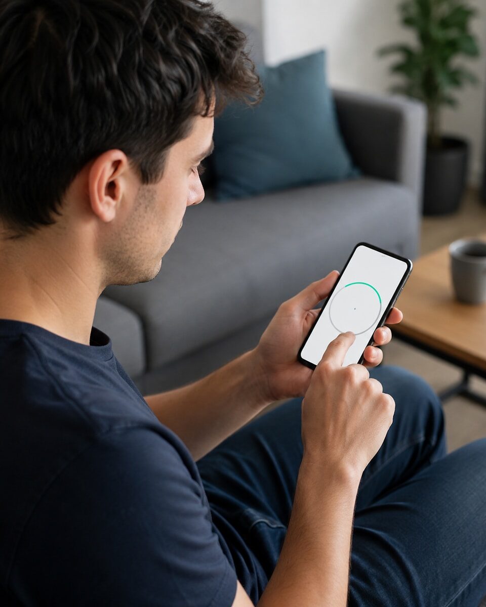 Man using smartphone on couch, waiting for content to load.
