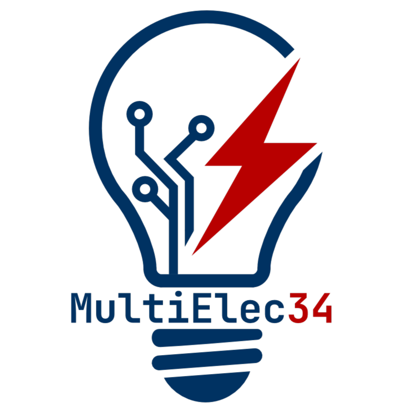 Logo de l'entreprise MultiElec34 avec une ampoule stylisé et un éclaire rouge