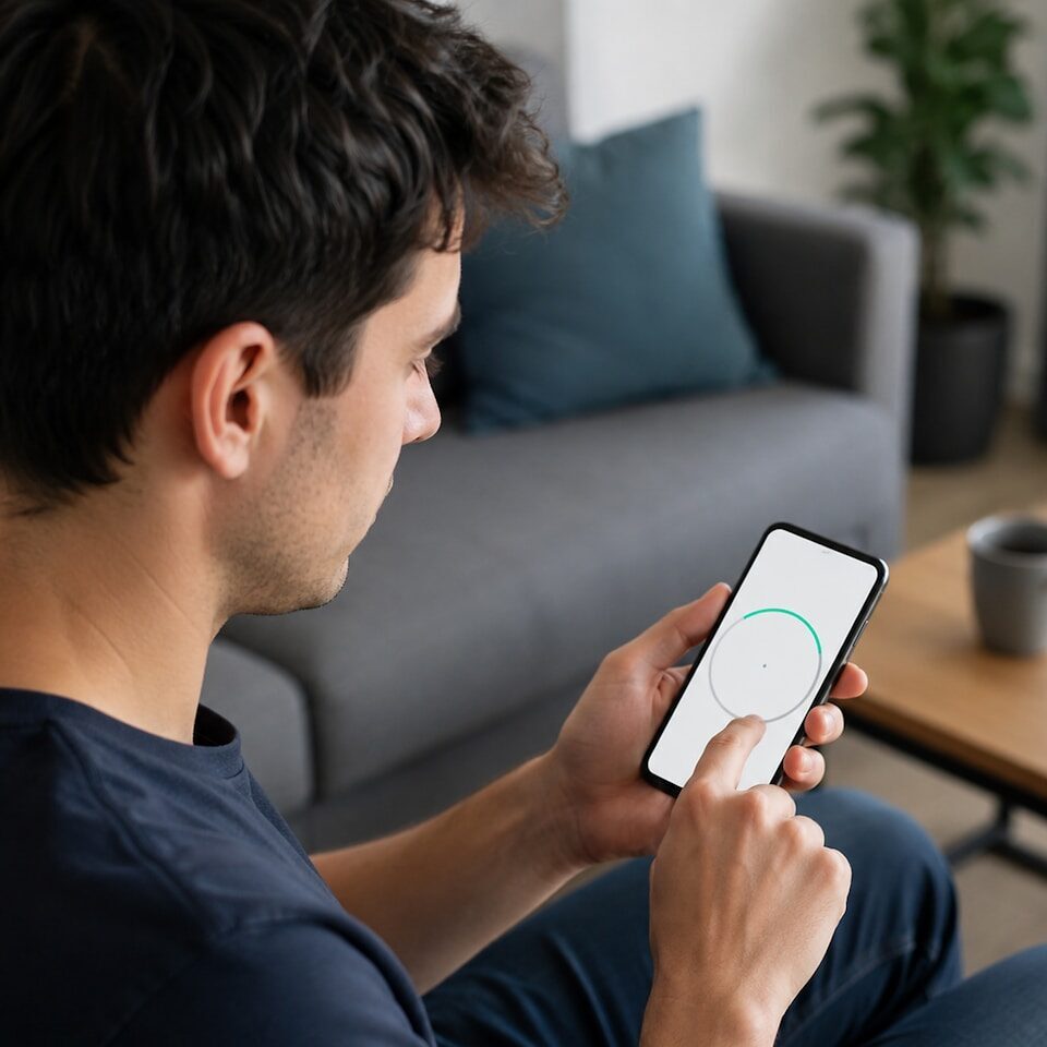 Man using smartphone on couch, waiting for content to load.